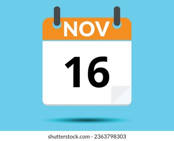 16 November. Flat icon calendar isolated on blue background. Vector illustration.
