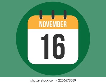 16 November green calendar vector. Calendar november with circle in background clear.