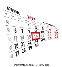 16 November highlighted on calendar 2017. Week starts from Monday. Vector Illustration.