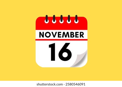 16 November month single day vector, illustration, calendar with red, black, white and yellow color background calendar November 16