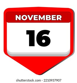 16 November vector icon calendar day. 16 date of November. Sixteenth day of November. 16th date number. 16 day calendar. Sixteen date. International for Tolerance. Vector illustration