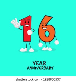 16 NUMBER CUTE YEAR ANNIVERSARY CELEBRATION DESIGN VECTOR TEMPLATE ILLUSTRATION