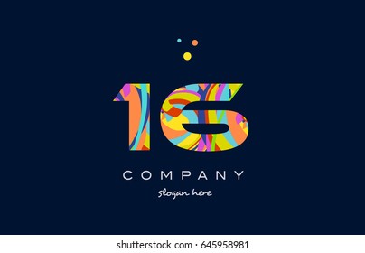 16 number digit numeral logo colored colorful rainbow acrylic modern creative vector icon design template