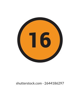 16 Number icon vector Orange Circle with Black design