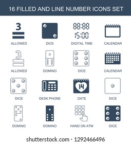 16 number icons. Trendy number icons white background. Included filled and line icons such as allowed, Dice, digital time, calendar, domino, desk phone. number icon for web and mobile.