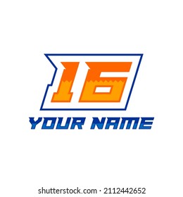 16 Logo de Number con líneas de velocidad rápida. Tipo de deporte vectorial, club deportivo.