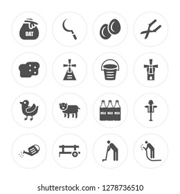 16 Oat, Sickle, Cart, Watering can, Scarecrow, Watering, Bread, Duck, Bucket modern icons on round shapes, vector illustration, eps10, trendy icon set.