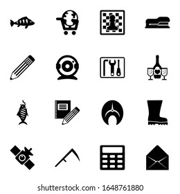 16 mit Objekten gefüllte Symbole einzeln auf weißem Hintergrund. Die Ikonen mit Perch, eLearning, Schach, Stift, Web-Kamera, Reparatur-Kit, Räucherfisch, Stationerie, Stapler, Champagner-Icons.