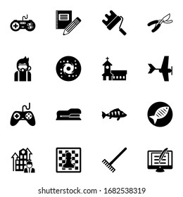 16 object filled icons set isolated on white background. Icons set with joystick, Stationery, paint roller, Diving, galaxy, church, Gaming, Stapler, Garden pruner, Aeromodeling icons.