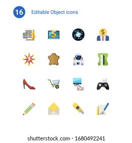 16 object flat icons set isolated on . Icons set with Accounting, Computer-Based Training, galaxy, Global education, leather, astronaut, woman shoes, wheelbarrow, Video games icons.