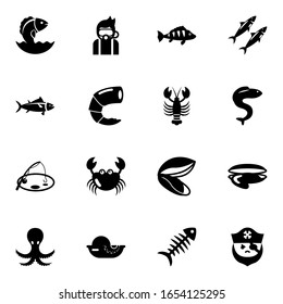 16 ocean filled icons set isolated on white background. Icons set with Seafood, Diving, perch, tuna, shrimp, lobster, Fishing, crab, sardine, eel, octopus, seafood, fish bone icons.