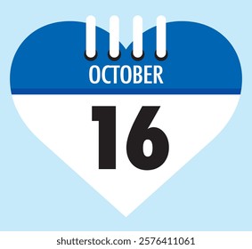 16 October calendar icon blue heart shape on light sky blue color background, calendar vector symbol for the month of October.