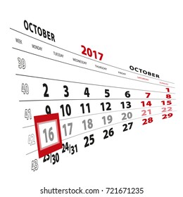 16 October highlighted on calendar 2017. Week starts from Monday. Vector Illustration.