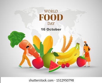 16 October, World Food Day banner or poster design with illustration of man and woman, fruits, corn, carrot and wheat on white world map background.