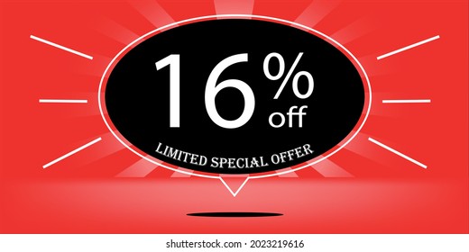 16% off black balloon and red, for limited special offer, red banner for special offers of promotions