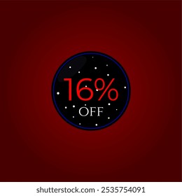 16% de desconto. Preto e vermelho com estrelas. Promoções de compras, Vendas de lojas. Design de vetor de marca. Dezesseis por cento de desconto.