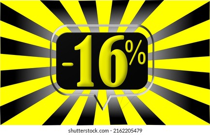 16% off. Black and yellow banner with sixteen percent off black balloon for big mega sales.