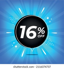 16% off. Blue banner with sixteen percent discount on a black balloon for mega big sales.