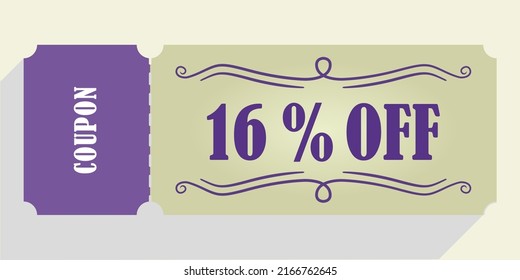 16% off coupon vector. Sixteen percent discount coupon. Purple and beige colors.  Perforated coupon. Drop shadow.