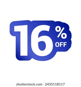 16% off. Discount number of percent sign in white and blue colors. Sixteen percent of discount. Symbol tag vector badge template. Sale offer price sign.