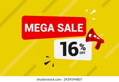 16% off discount. Sixteen percent off Mega sale banner promotion template. Yellow background. Special deal label design. Vector illustration.