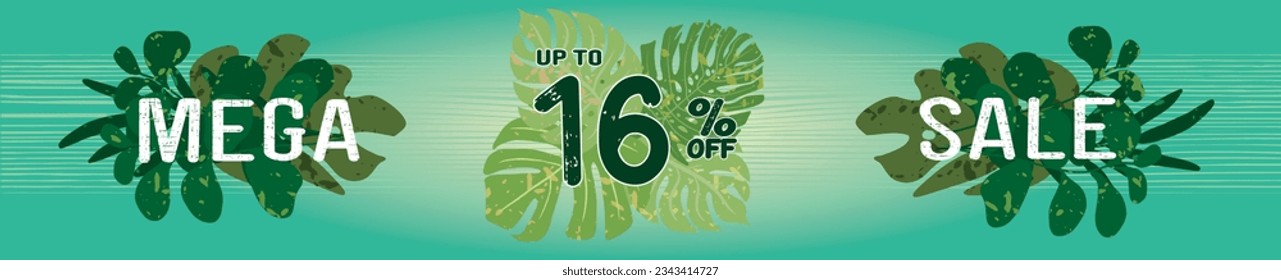 16% off. Horizontal green banner. Summer tropical leaves theme. Advertising for Mega Sale. Up to sixteen percent discount for promotions and offers.