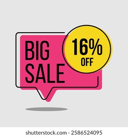 16% off for a limited time or discount banner - Big sale, pink label with yellow circle of sixteen percent on light gray background. Illustrated label, vector, for promotion. 