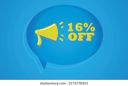 16% off offer.
Banner with yellow megaphone loudspeaker sixteen percente discount on a blue ellipse circle ballon.