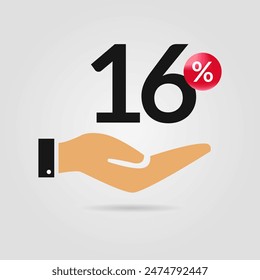 16% off promotion. Sixteen percent of discount with hand icon. Sale symbol. Discount creative composition. Vector illustration.