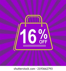 16% off. Purple, white and yellow banner with sixteen percent discount. Shopping bag concept vector.