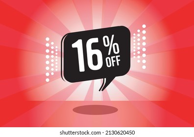 16% off. red banner with sixteen percent discount on a black balloon for mega big sales.