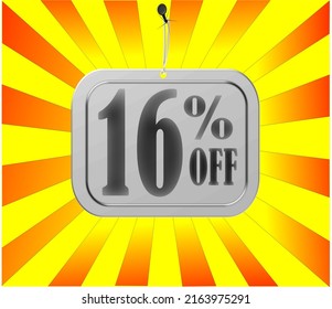 16% off. Red and yellow banner sixteen percent discount on white card for mega big sales.