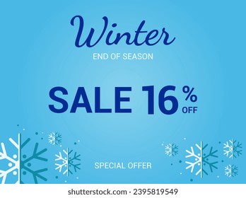 16% off sale banner. Sixteen percent special offer. Winter sale banner. Winter End of Season Sale Background Design. Template for advertising, web, social media and fashion ads. Vector illustration.