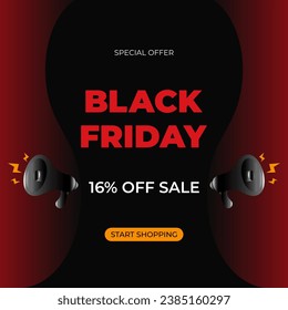 16% off sale Black Friday header with special offer advertising. Sixteen percent discount. Black shouting megaphones. Promotional banner with discount and loudspeakers. Vector illustration.