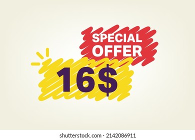 16$ OFF Sale Discount banner shape template. Super Sale 16 Dollar Special offer badge end of the season sale coupon bubble icon. Modern concept design. Discount offer price tag vector illustration.