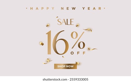 16% off Sale Happy New Year. Sixteen percent promotion illustration. Shop now. Winter holiday poster with discount coupon. Gold Vector.