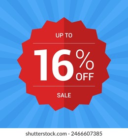 Up to 16% off sale promotion. Sixteen percent sale tag symbol. Promotion flat vector badge graphic. Red Sticker emblem. Modern design on blue background.