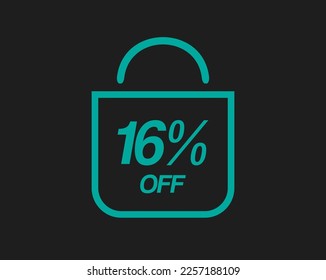 16% off sale. Vector promotional bag with sixteen percent off. Marketing design isolated on dark background