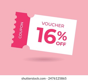 16% off Sale Voucher Coupon. Sixteen percent promotion illustration. Tag label, sale banner with discount coupon. Pink Vector gift voucher.