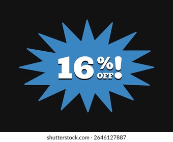 16% DE DESCONTO. Dezesseis por cento fora da venda. Sinal de preço de oferta de desconto. Tipografia no estilo moderno retro dos anos 90. Ilustração vetorial.