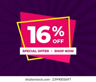 16% off, sixteen percent, special offer, shop now. Background Label. Purple and pink. Discount special offer. Banner with offer emblem. Modern concept design. Vector illustration.