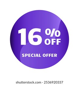 16% de desconto. Dezesseis por cento de desconto, Oferta Especial. Modelo de design de banner de venda de desconto. Etiqueta de desconto. Ilustração vetorial. Design roxo.