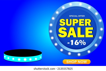 16% off. Super sale banner. 16 percent off. Mega sale special offer. Banner for special promotion announcement. Circular blue template with lights around.