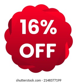 16% off. White background with 16 percent discount on a red balloon for mega big sales. 16% sale