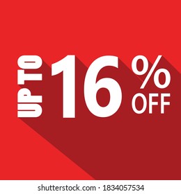 up to 16% off white text on a red background