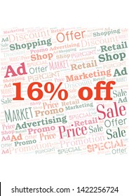 16% Off word cloud. Wordcloud made with text only.