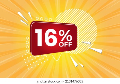 16% off. Yellow banner with 16 percent discount on a red balloon for mega big sales. 16% sale