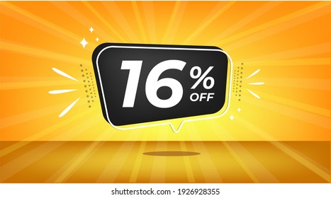 16% de descuento. Banner amarillo con un 16% de descuento en un globo negro para grandes ventas.