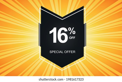 16% off. Yellow banner with sixteen percent discount on a black balloon for mega offers.


