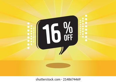 16% off. Yellow banner with sixteen percent discount on a black balloon for mega big sales.